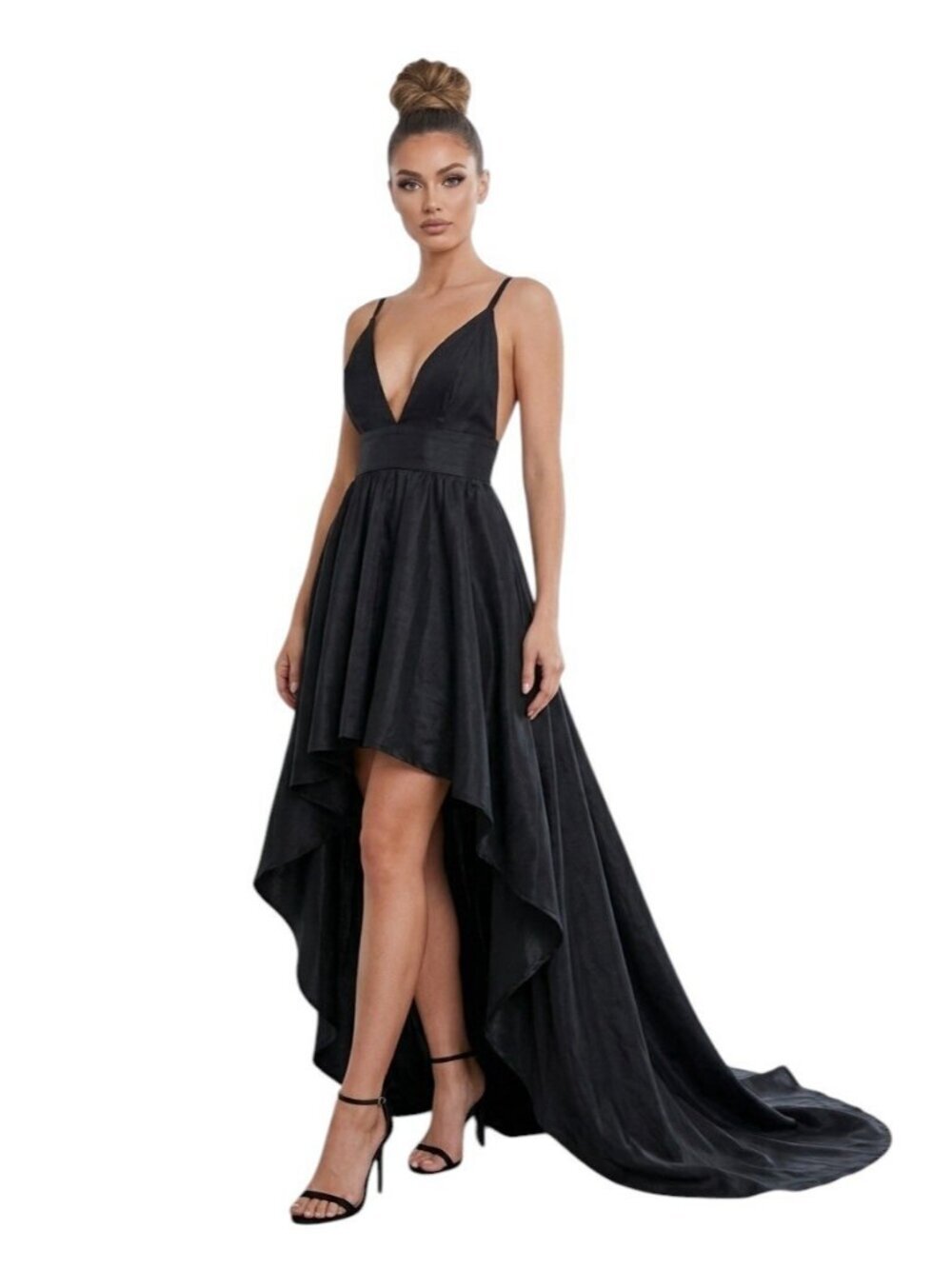 Symphony Black High Low Dress Large NWT Formal V-Neck Poly Nylon Gown ID-3659VP